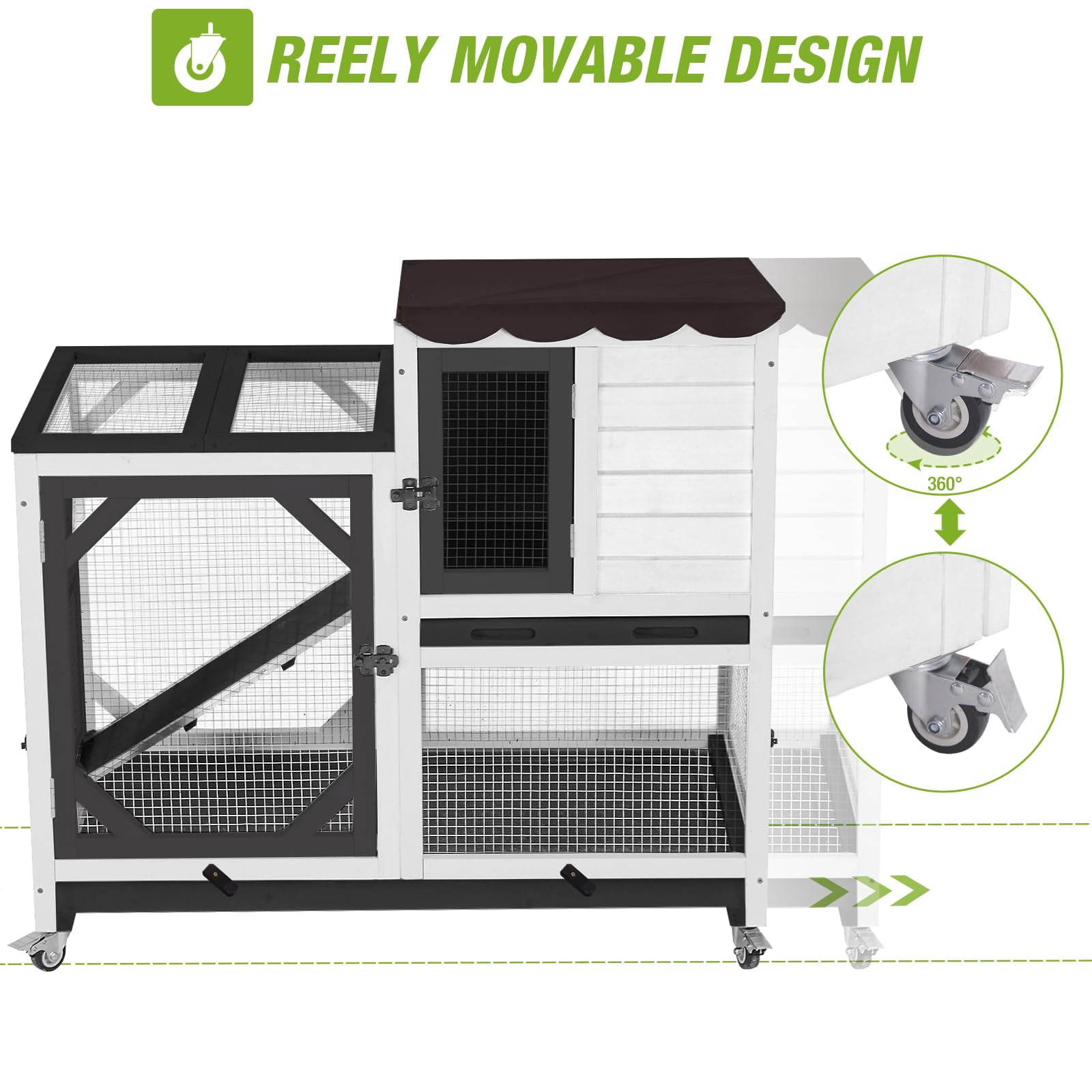 Aivituvin 2-Story Rabbit Hutch with Wheels, Indoor Outdoor Rabbit Cage with Ramp & Leak-Proof Trays for Rabbits, Guinea Pigs, Black&White