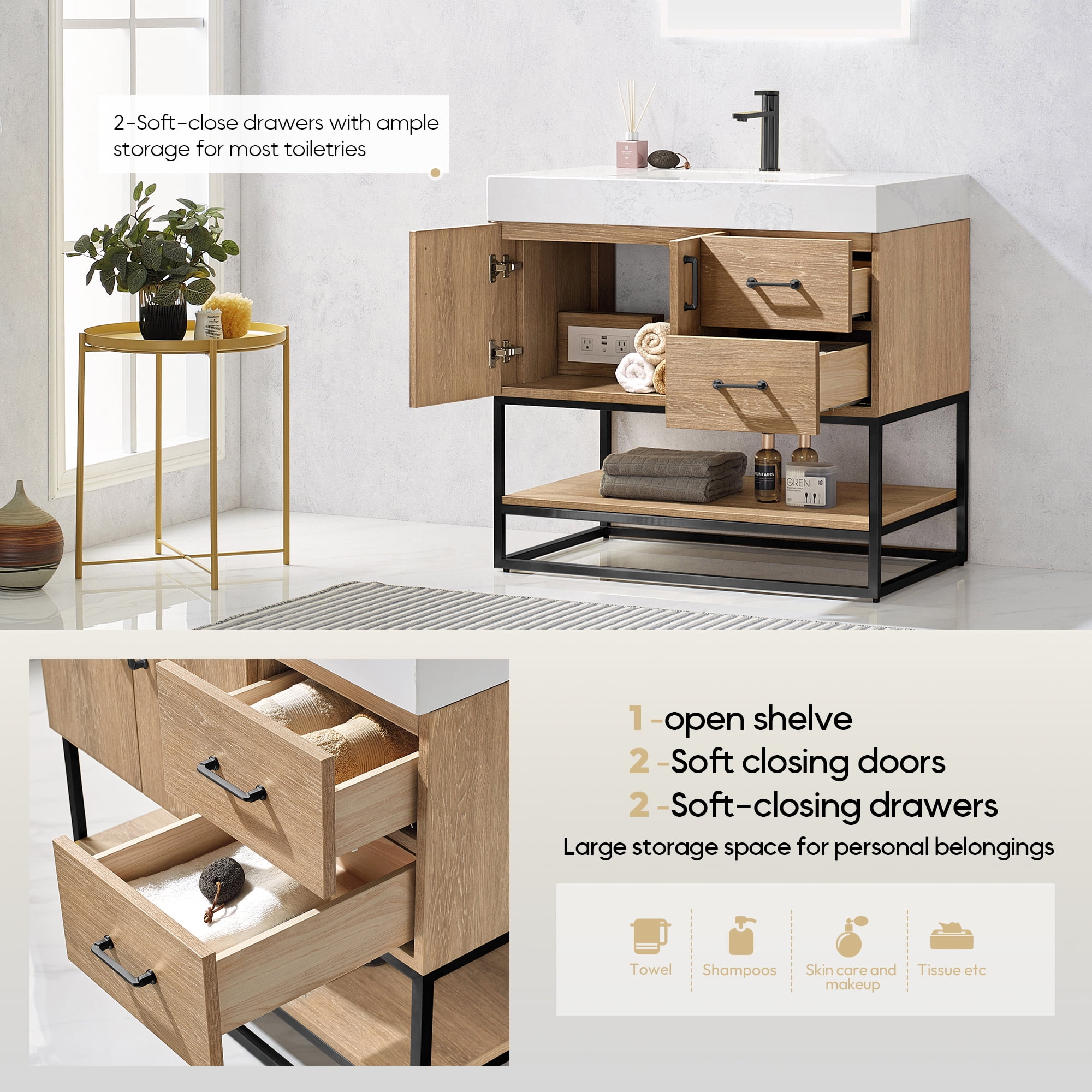 Vinnova Alistair 36" White Stone Top Oak Single Vanity Black Frame w/o Mirror
