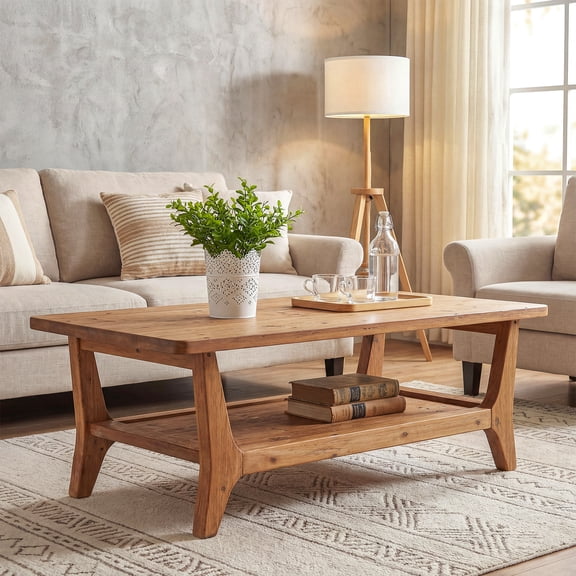 Finmind Solid Wood Rectangle Coffee Table with Shelf, 47-inch Center Table, 2-Tier Modern Tea Table ,Rustic Brown