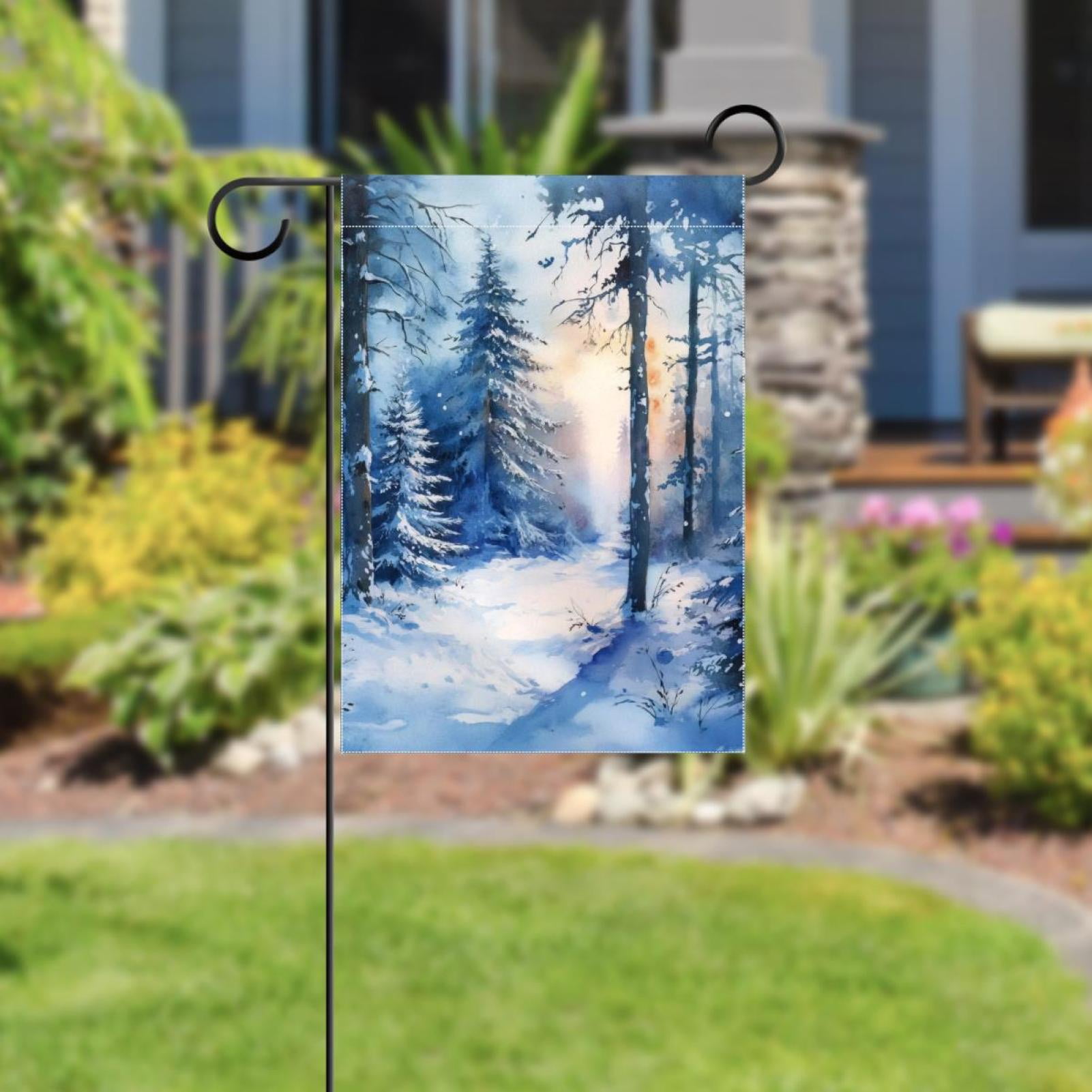 Watercolor Winter Scenery Seasonal Christmas Nature Double Sided Garden Flag Decorative Weather Resistant Yard Flag, Large DIY Vertical Flag for Farmhouse Patio Lawn, 28x40 Inch