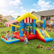 Qhomic Inflatable Bounce House for Kids Ages 3–12, 7-in-1 Bouncy House with Ball Pit, Canopy, Obstacle Jumping Castle with Basketball Hoop, Target, Includes Blower, Perfect for Backyard Parties