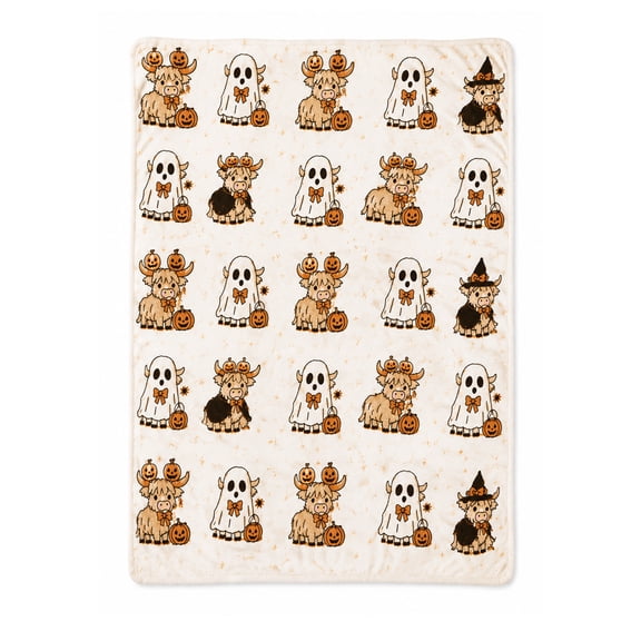 2026 Cute Halloween Highland Cow Ghost Flannel Blanket 70x100cm Soft Plush Warm Throw Blanket Tummy Friendly Lightweight Decor Blanket for Sofa Bed Office Nap Cold Autumn Winter