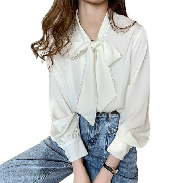 Minnieouse Blusa de gasa para mujer Color sólido Bowknot Primavera Algodón Elegante Oficina Camisa transpirable Top Ropa Regalo de cumpleaños Prendas para la parte del cuerpo 4XL Minnieouse AP016632-06