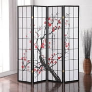 Roundhill Furniture Japanese 4-Panel Screen Room Divider in Plum Blossom
