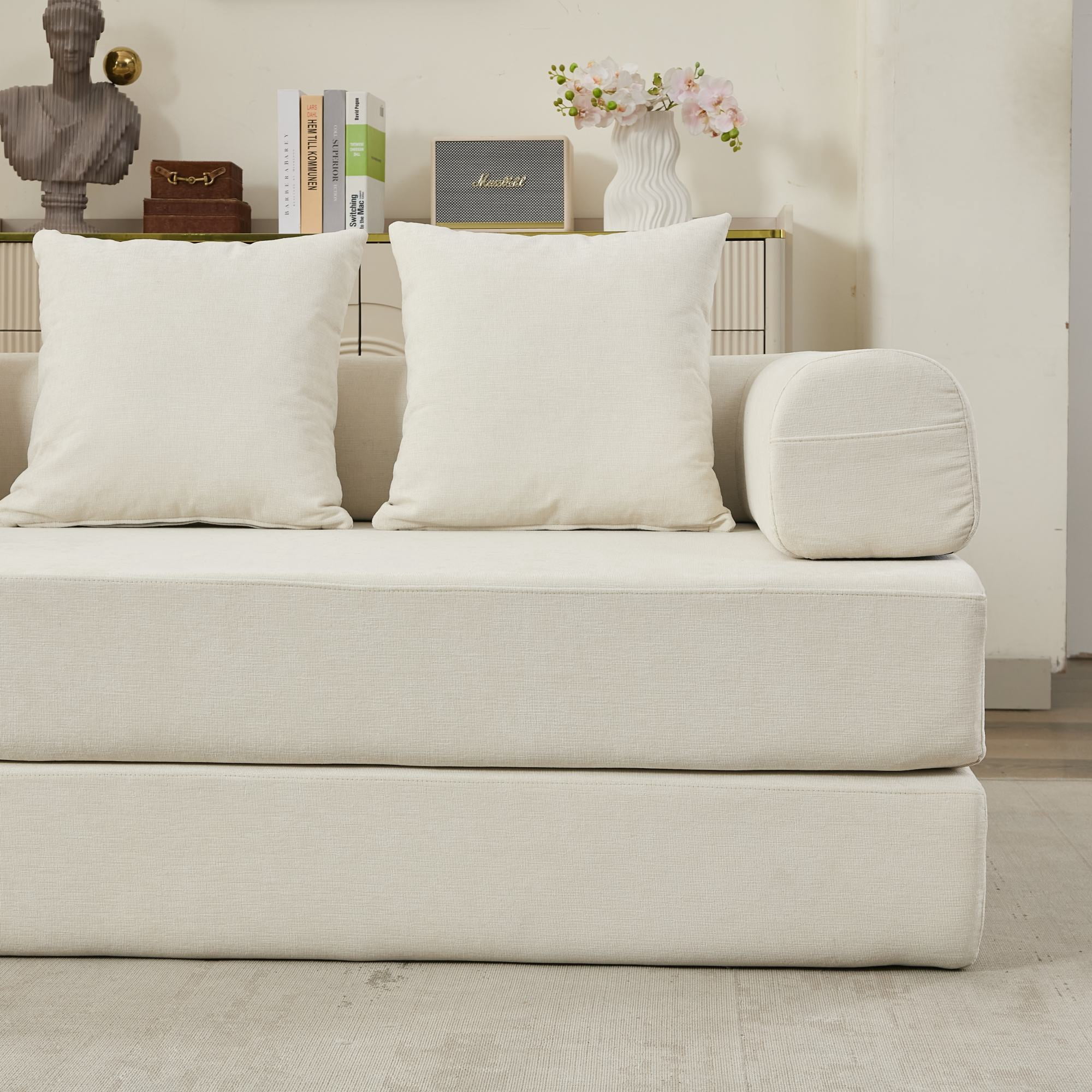 Leumius 78.8" Convertible Futon Sofa Bed, Boneless Couch for Living Room, Chenille Boneless Loveseat Sleeper Sofa, Foldable Floor Sleeper Mattress Lounge for Living Room Bedroom, No Assembly,Beige