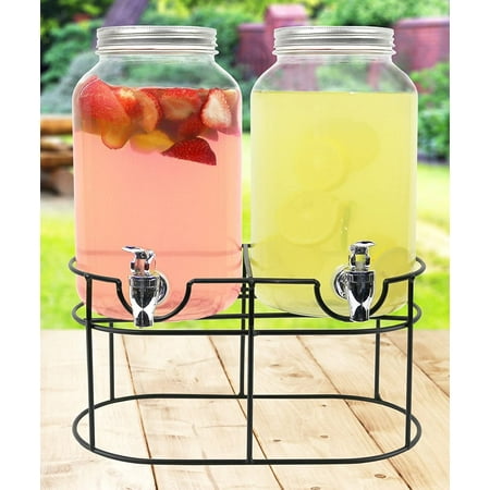 

Decorative Glass Mason Jar Liquid Beverage Dispenser with Stand - Set of 2 - 1 Gallon Capacity Each | Perfect for Weddings Parties Sun Tea Lemonade & Liquid Laundry Detergent