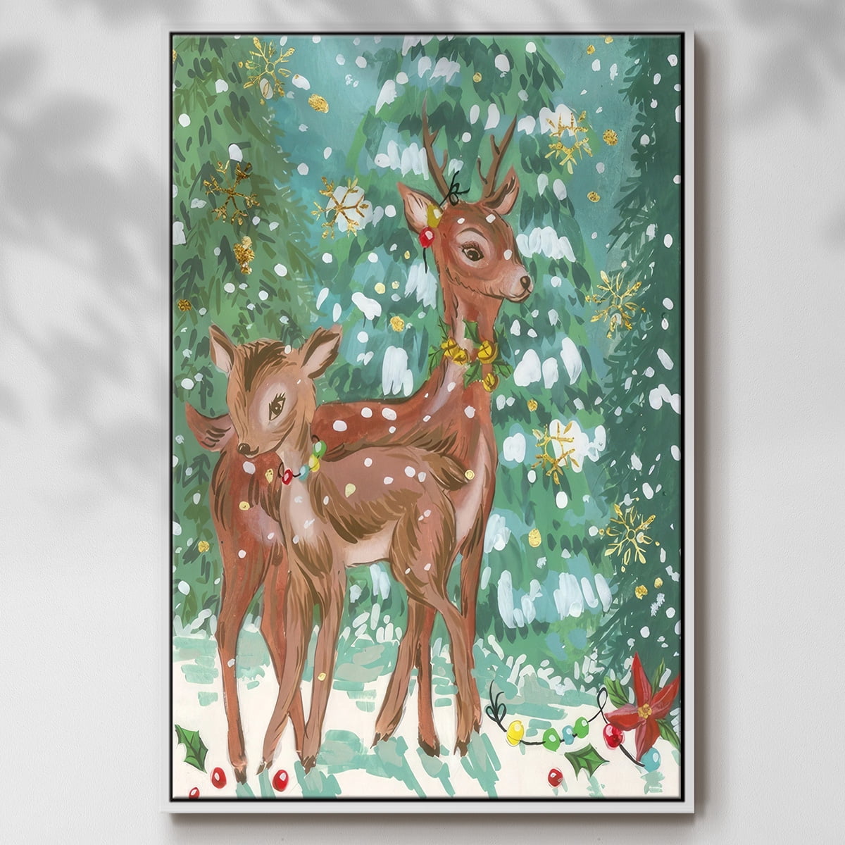 Doe and Fawn II - Framed Gallery Wrapped Holiday Canvas - 17 x 25 - White Frame