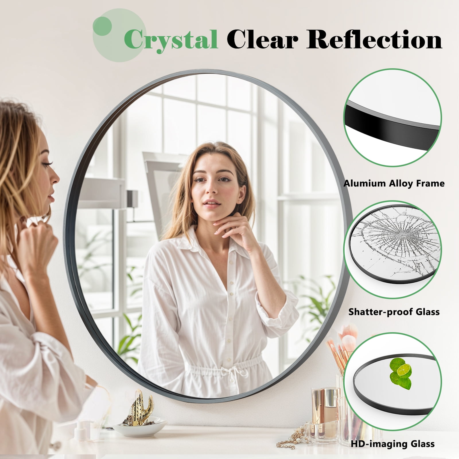 Round Wall Mirror 20-Inch Circle Mirror for Bathroom Bedroom Living Room,Black
