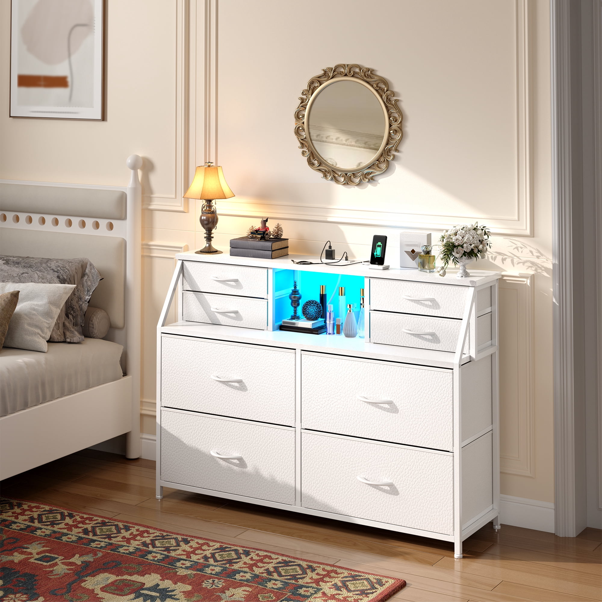 Romorgniz Dresser for Bedroom with 8 Fabric Drawers White Dresser with LED Lights & Charging Station & Open Shelf for Living Room and Entryway