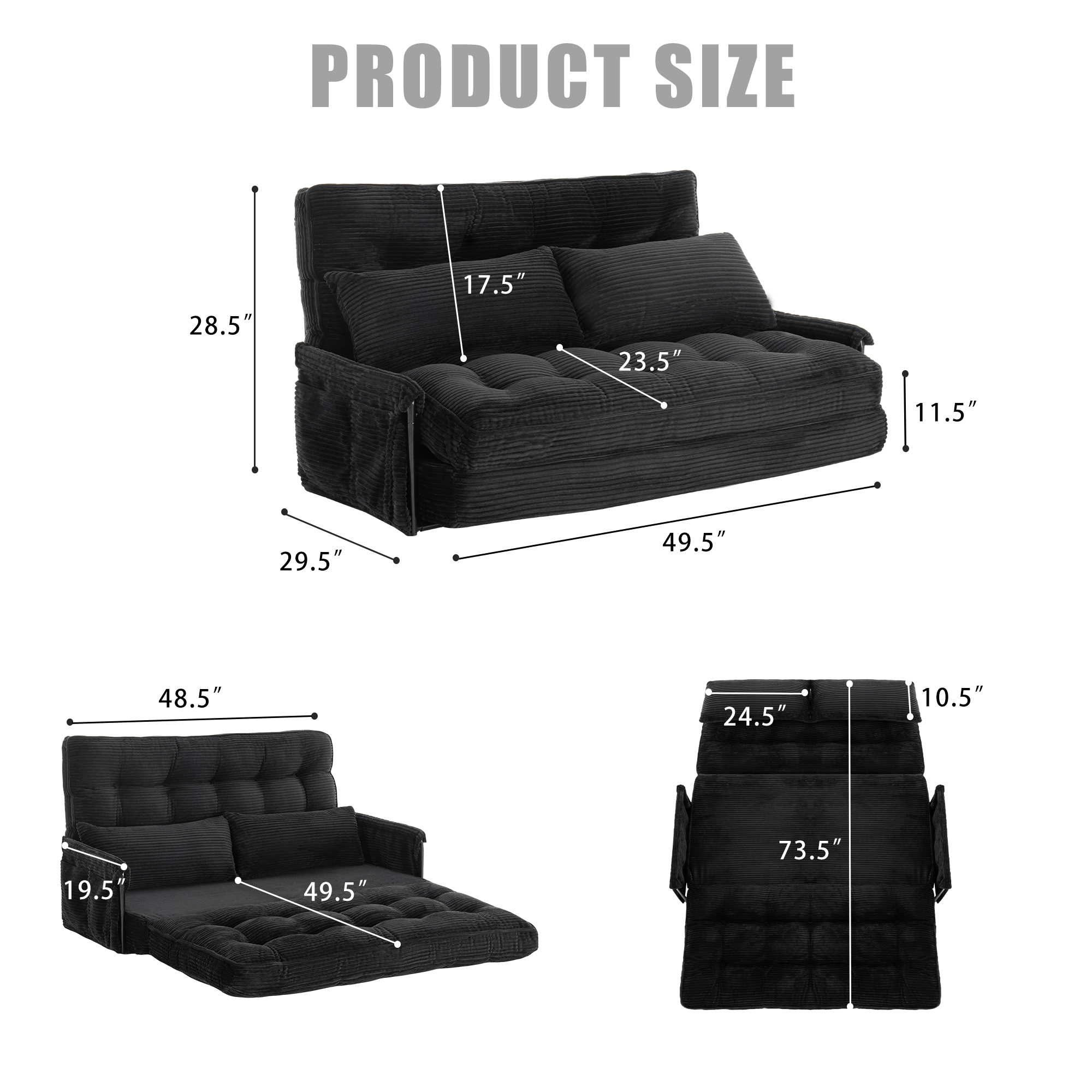 Convertible 5-Position Foldable Lazy Sofa Sleeper Bed with Armrest,Adjustable Floor Sofa Couch with 2 Pillows,Fold Out Floor Couch,Black
