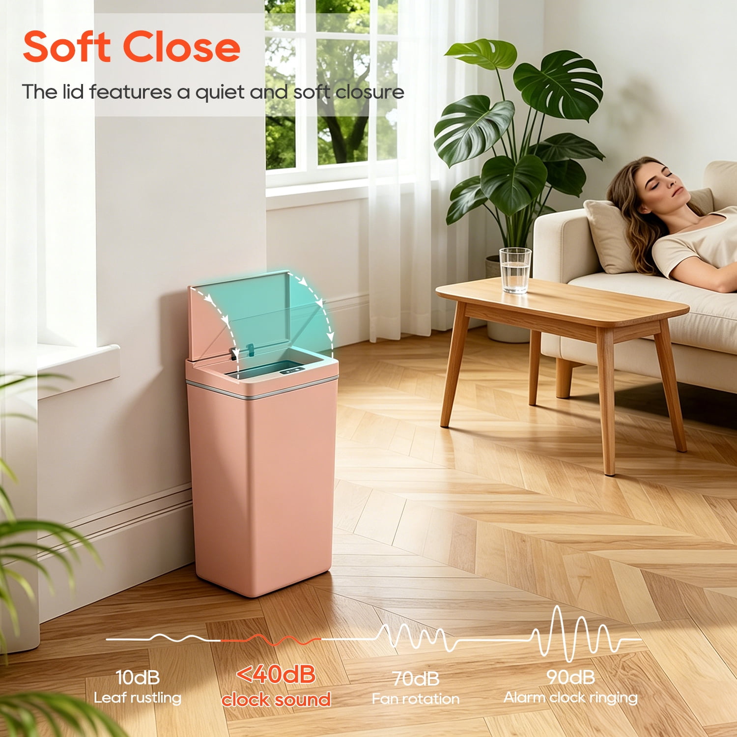BestOffice 13 Gallon Automatic Plastic Trash Can with Lid, Touch Free with Motion Sensor for Indoor Use(Pink)