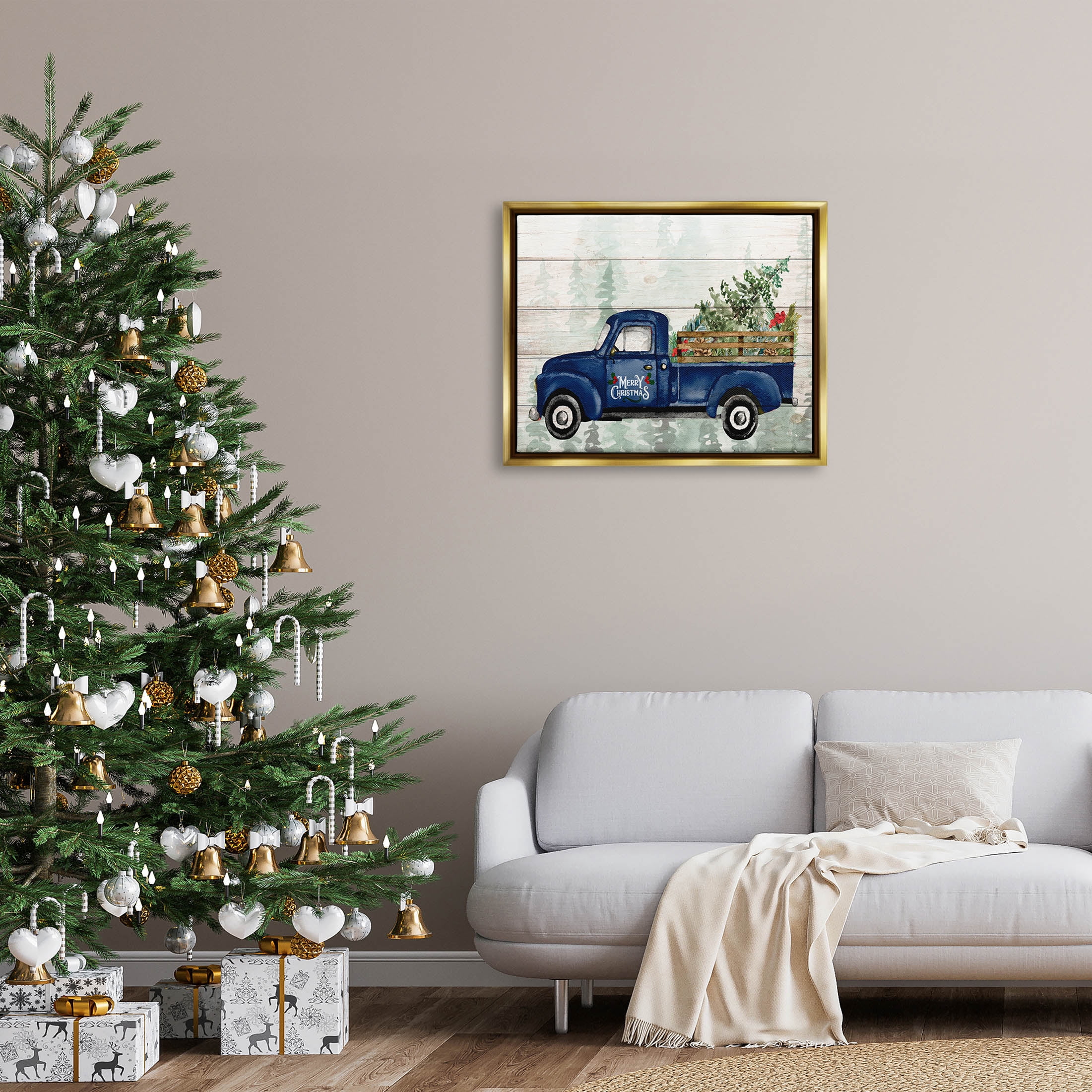 Stupell Industries Merry Christmas Blue Holiday Truck Graphic Art Metallic Gold Floating Framed Canvas Print Wall Art, Design by Kim Allen