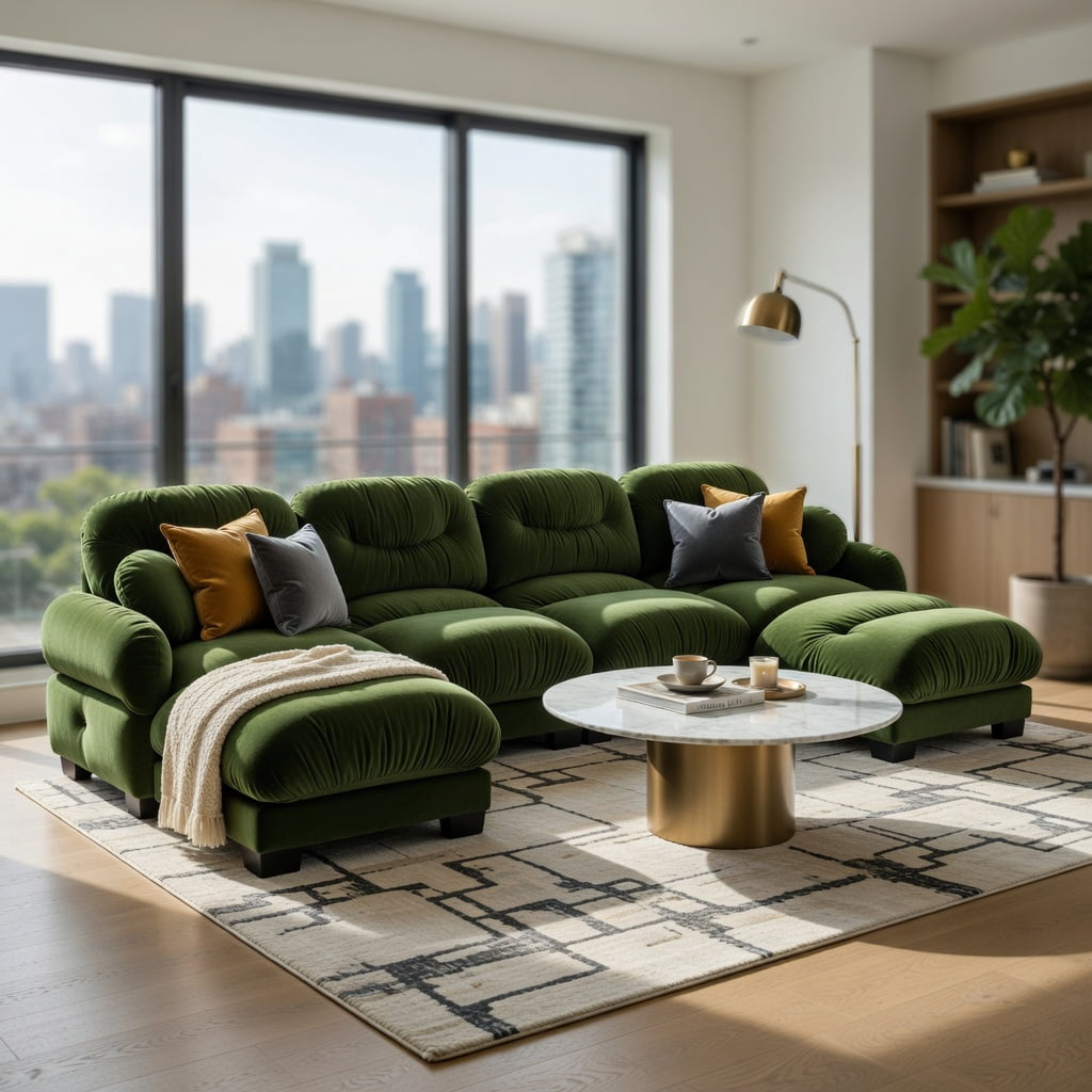 Hommoo Chenille U-Shaped Modular Sectional Sofa with Ergonomic Foam, Pleated Back Design, 2 Ottomans & 2 Throw Pillows, 4-Seat Plush Living Room Couch, Green