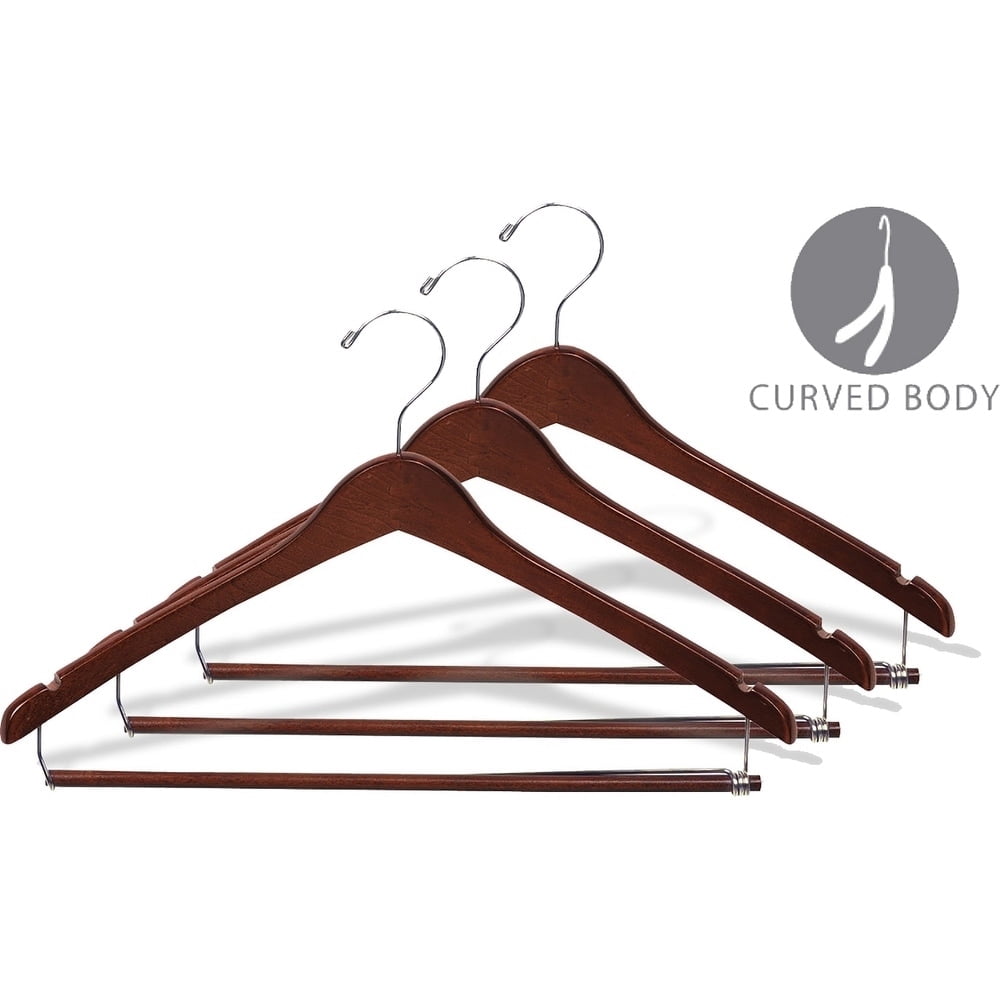 International Hanger Wooden Curved Suit Hanger w/Locking Bar, Walnut Finish with Chrome Hardware, Box of 100