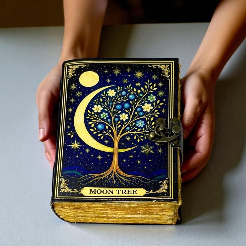 Personalized Moon Tree Leather Journal – Handmade Grimoire, 200 Pages Witchcraft Spell Book of Shadows,