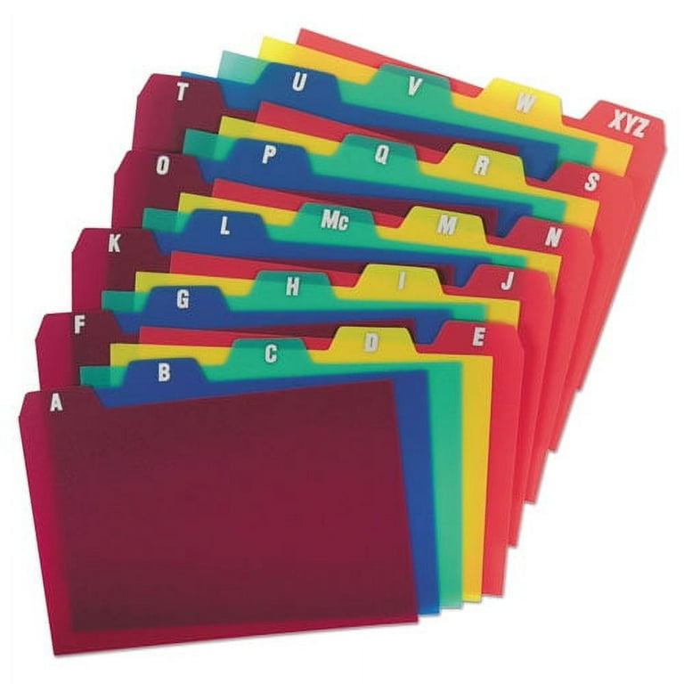 Durable Poly A-Z Card Guides, 1/5-Cut Top Tab, A to Z, 4 x 6, Assorted Colors, 25/Set Durable Poly A-Z Card Guides, 1/5-Cut Top Tab, A to Z, 4 x 6, Assorted Colors, 25/Set
