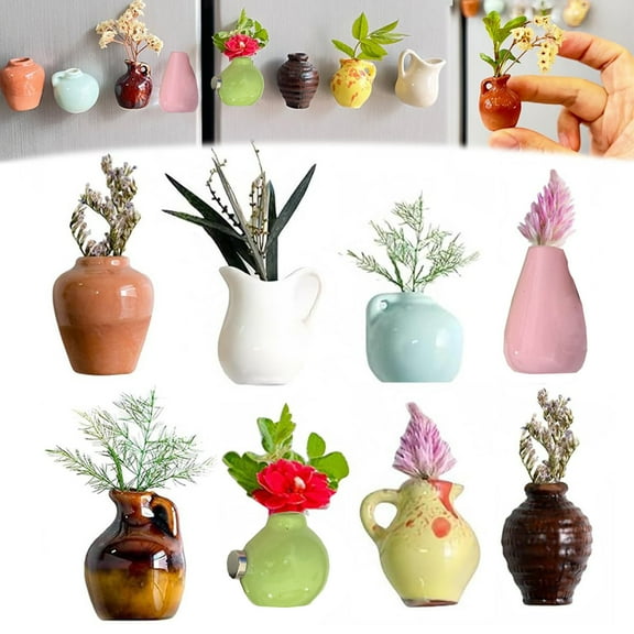 8 Pack Mini Ceramic Plant Vase Magnets, Small 3D Succulent Refrigerator Magnets for Home Kitchen Office Decor (Multicolor)