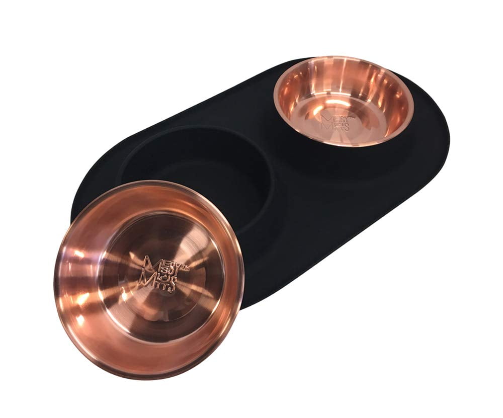 Messy Mutts Double Silicone Feeder with Copper-Colored Stainless Bowls | Non-Skid Food Dishes for Dogs | Sizes Available for All Pets | Dog Food Bowls | Large, 3 Cups Per Bowl | Black