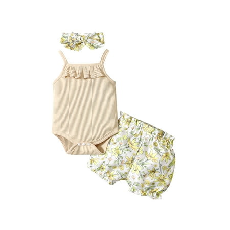 

Sunisery Infant Girls Clothing Set Summer Sleeveless Spaghetti Strap Romper+Floral Printed Shorts+Headband Beige 6-9 Months