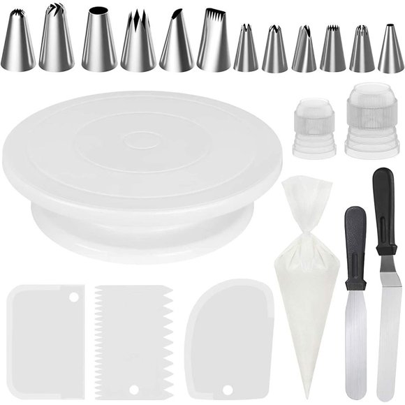 Professional Rotating Cake Stand, Cake Decorating Kit Stainless Steel Icing Spatula Straightener Non-Stick Surface 360 Degree Rotation, Anti-Slip Design Complete Decorating Set