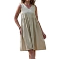 thumbnail image 2 of INSPIRE CHIC Linen Sleeveless Dress for Women's Summer V Neck Button Down Pleated Midi Dresses S Beige, 2 of 6