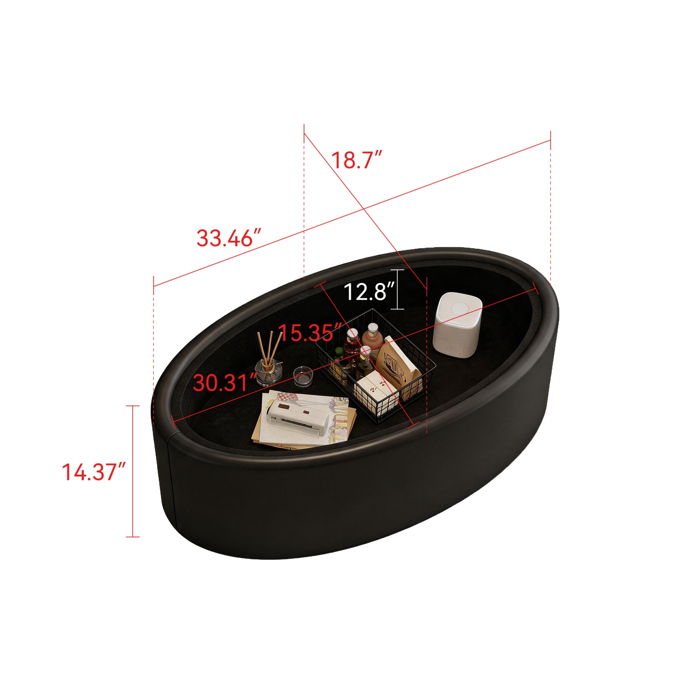 Noble House Morade 33.5" Fluted Oval Storage Coffee Table with Glass Top & Leather Wrapped for Living Room, Black