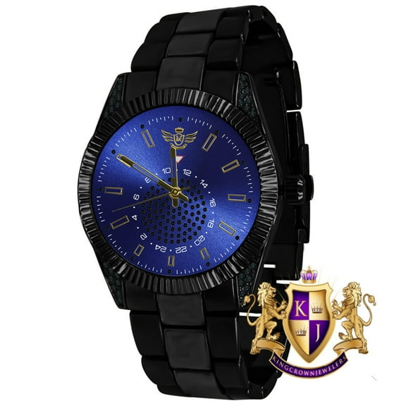 Men's Stainless Steel 14K Black Gold Finish Blue Dial Simulated Diamond 5 ATM Water Resistance Precedential Watch 40mm