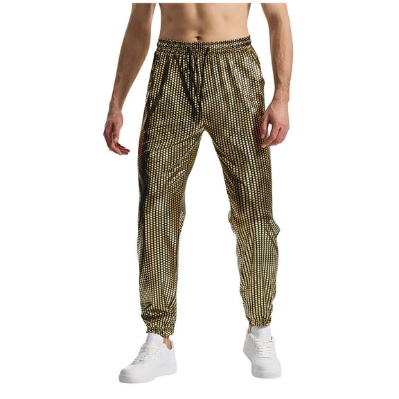 Hrsba Mens Full Length Pants,Men's Pants Cool Pants for Men Shiny Gold Print Casual Elastic Waist Cuffed Long Pants for Men