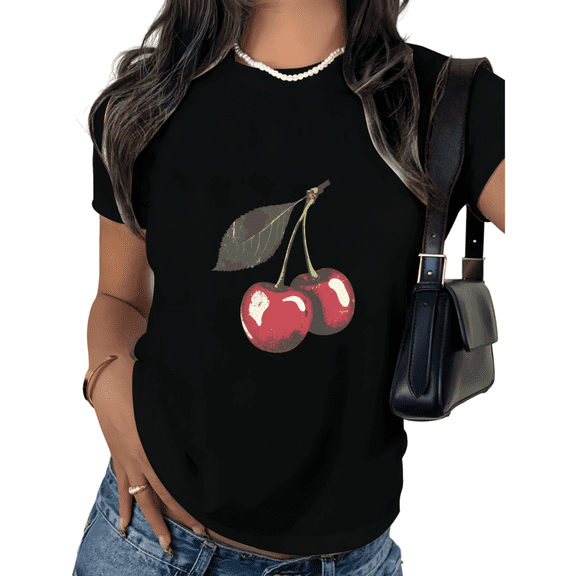 Black Print Tshirt Graphic Tees Retro Cherry Coquette Inspired Personalized Graphic Wear S-5XL Tops