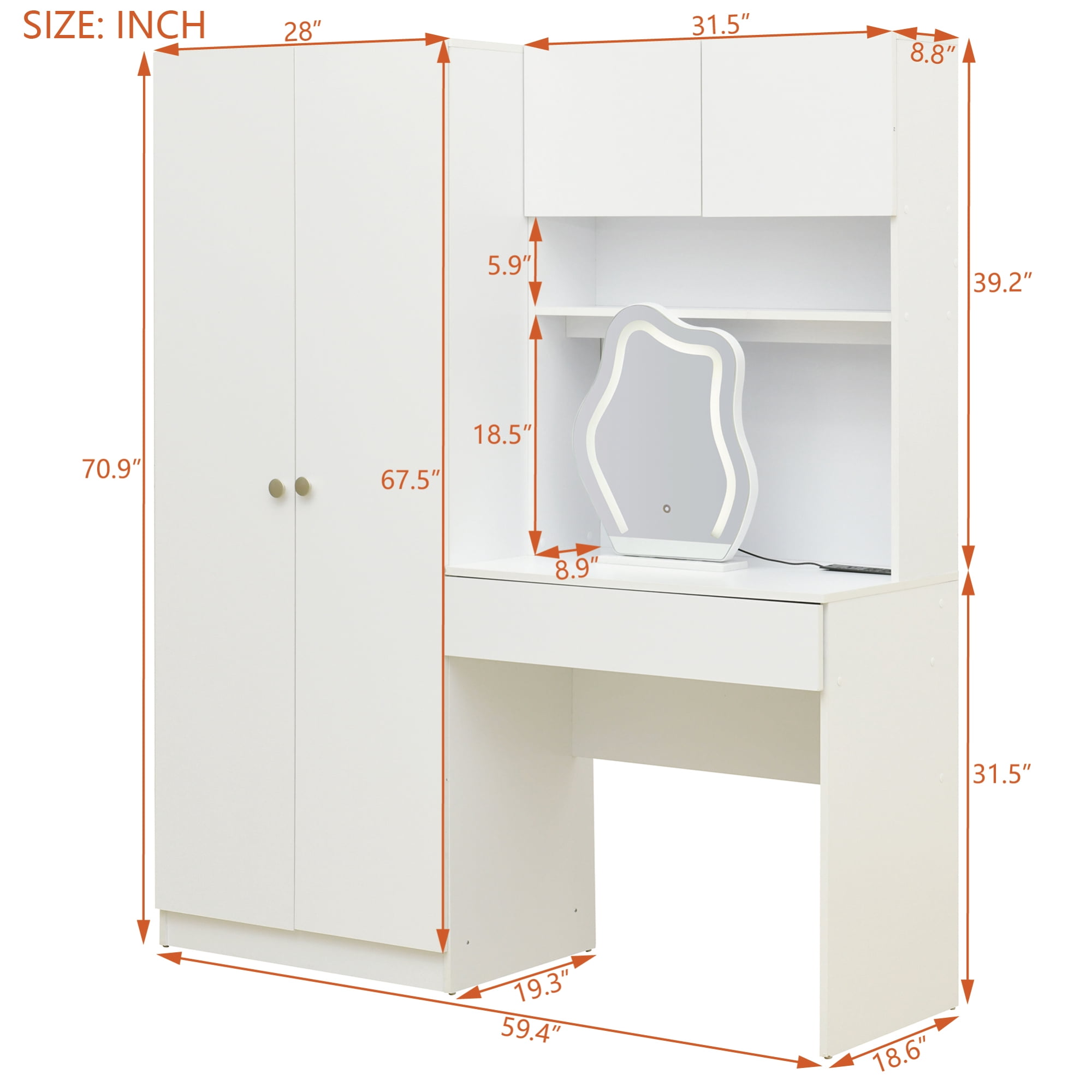 2-Door Wooden Storage Vanity Wardrobe for Bedroom with Makeup Mirror and Drawers