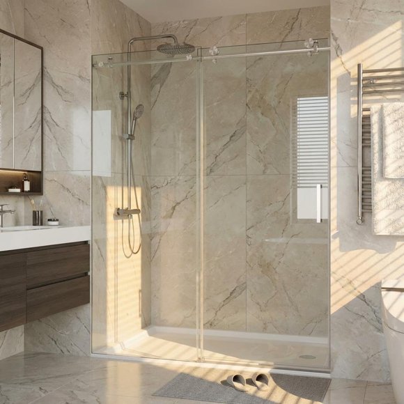YUSAZENS Frameless Sliding Glass Shower Door 76x48 Inch 6mm Tempered Clear Glass with Easy-Clean Coating Stainless Steel Hardware Silver