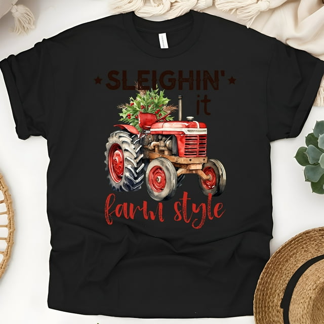 Chemise Style Ferme Sleighin' It / T-Shirt de Noël Tracteur Rouge, Noir, Taille 2TG