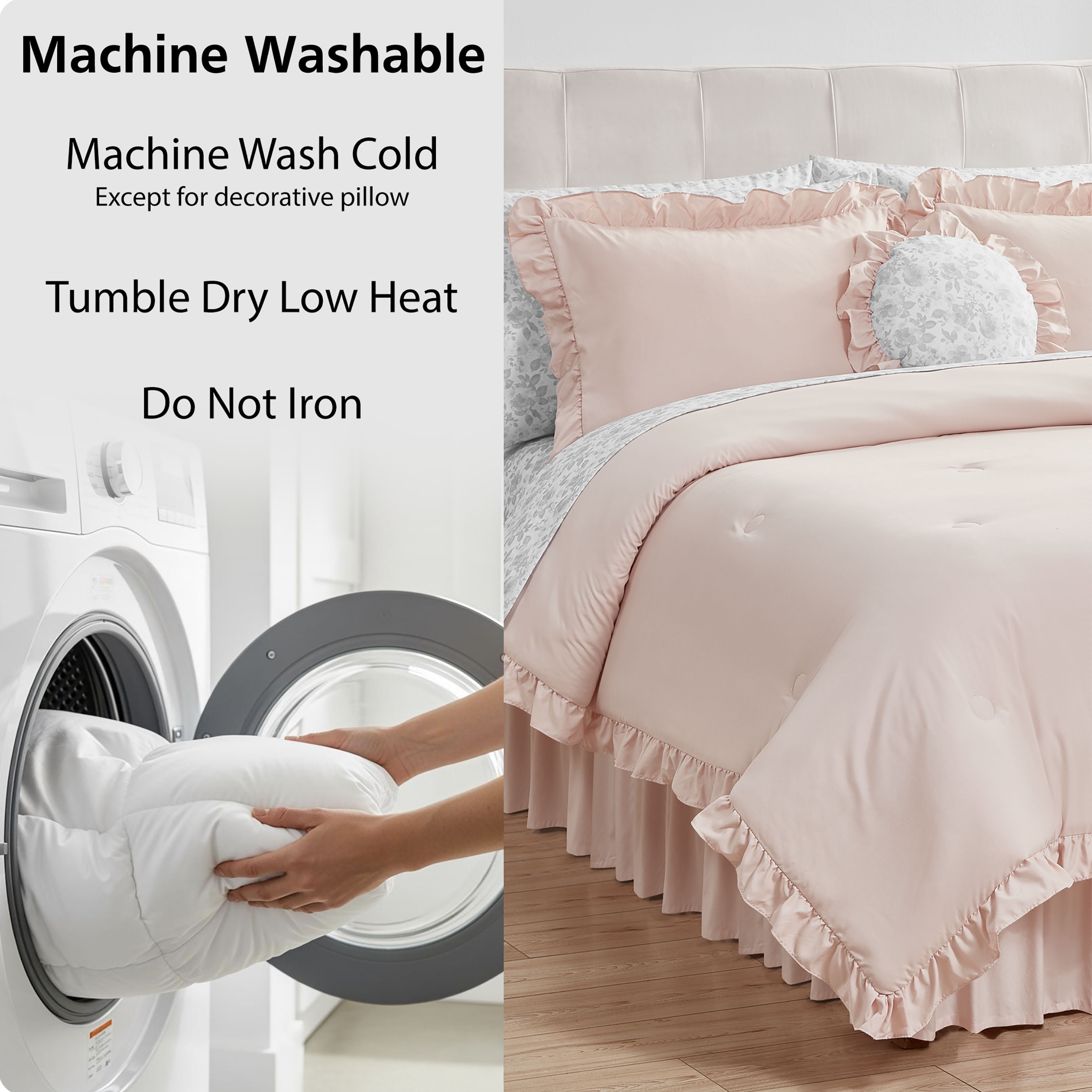 Mainstays All in One Reversible Comforter and Sheet Set- 11 Piece, King, Pink and Grey Ruffle