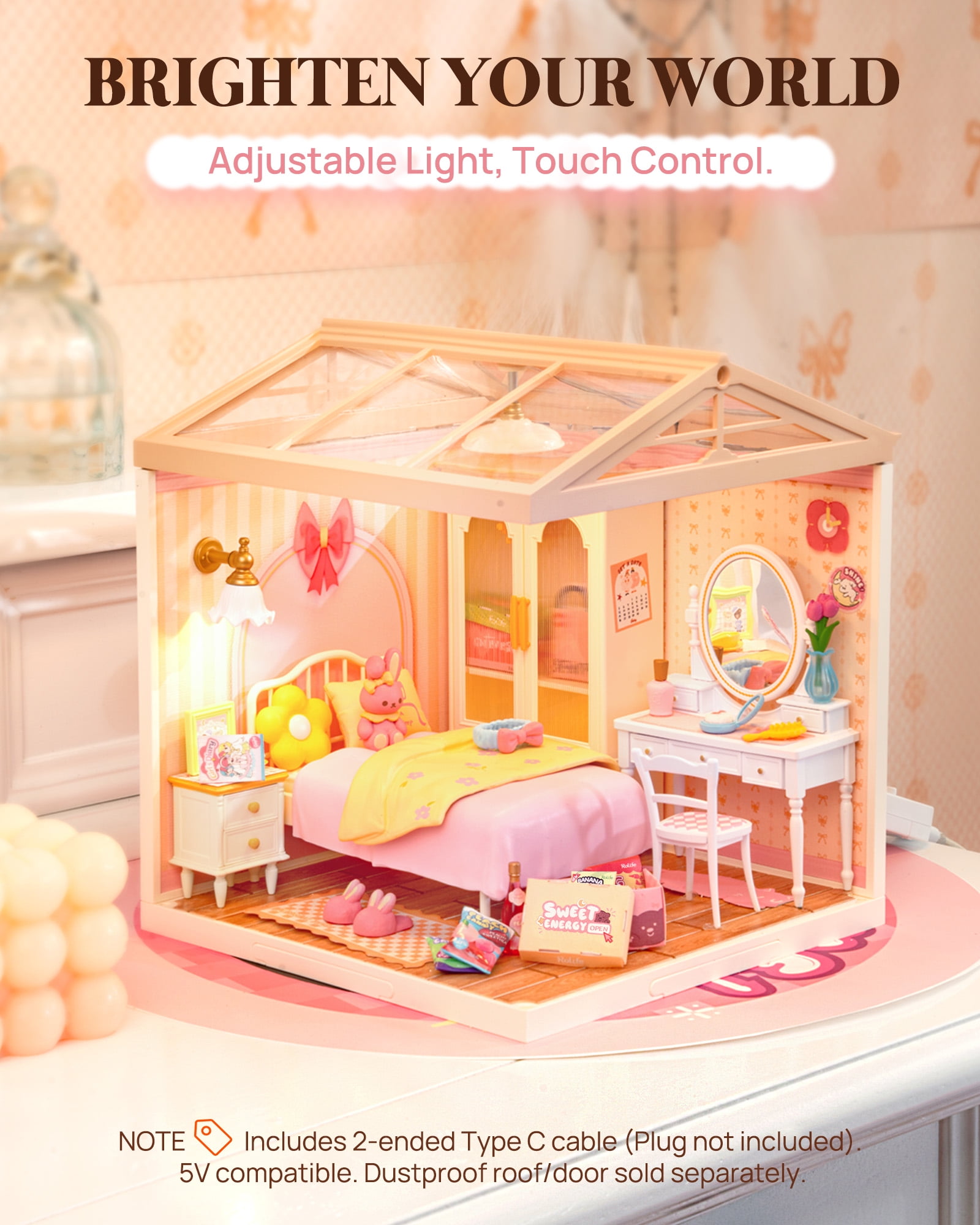 ROBOTIME Super Creator DIY Miniature House Kit,Tiny Home Craft Kits with LED,Mini Dollhouse Building Set,Gifts for Teens Adults(Lovely Pink Bedroom)