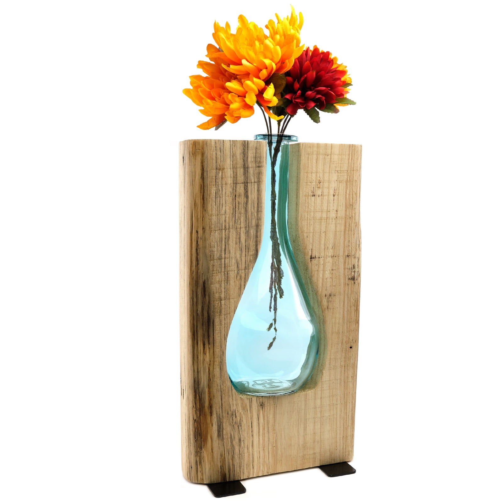 Excello Global Products Round Blue Glass and Wood Vase - Rustic Flower ...