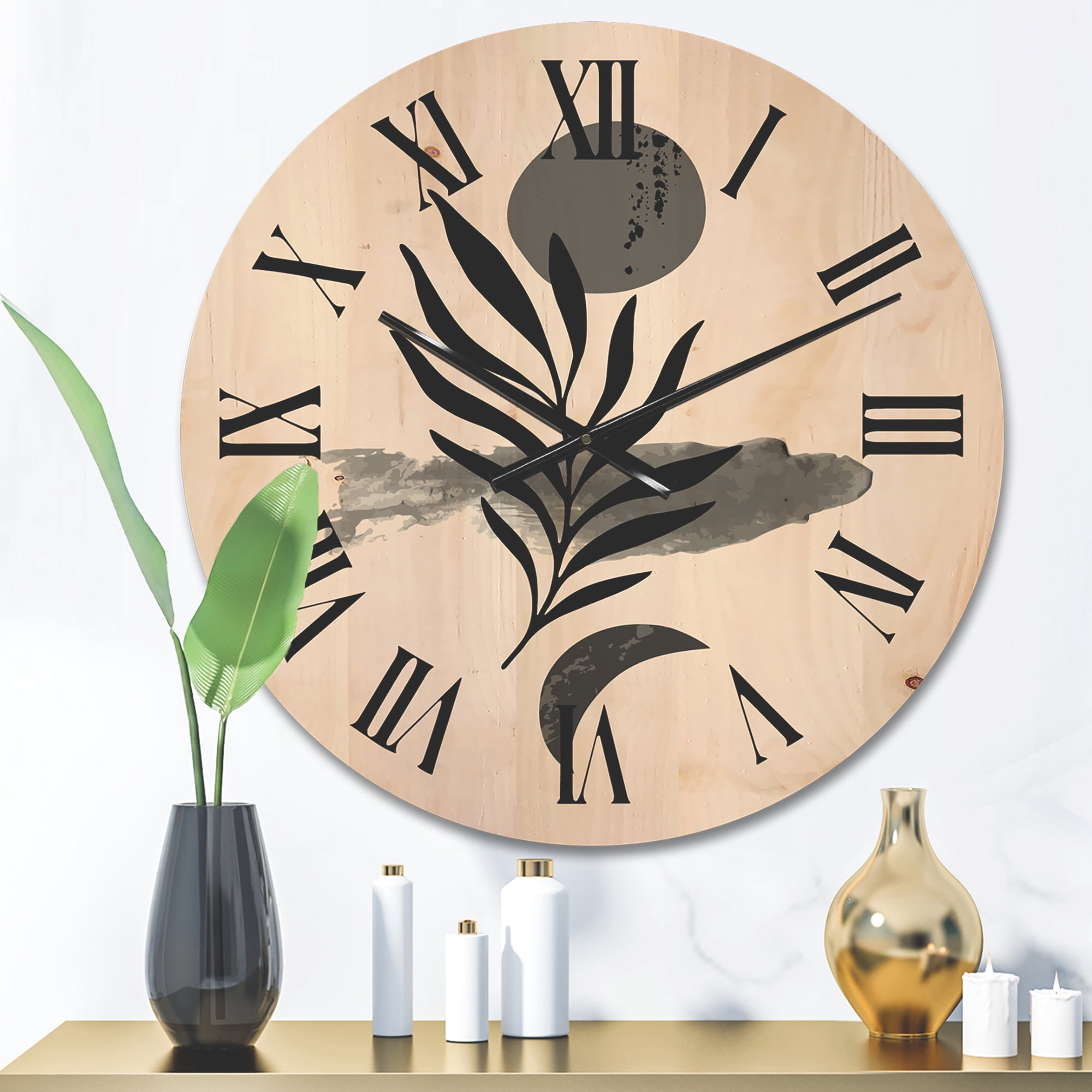Designart 'Abstract Black Tropical Leaf II' Modern Wood Wall Clock