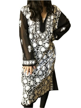 Mogul Women Tunic Dress Sheer Georgette Black Hand Embroidered Ethnic Tunic L