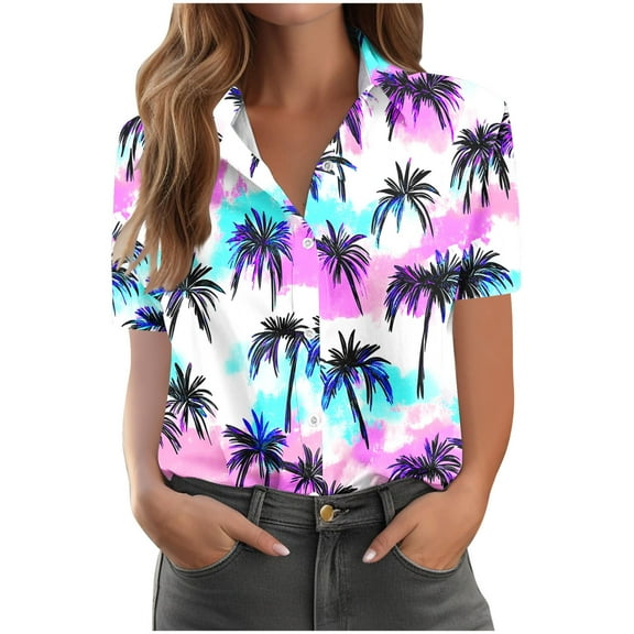 Women Hawaiian Printed Shirt Soft Cool Summer Hawaii Tshirts Plus Size Short Sleeve Button Up Tops V Neck T-Shirt