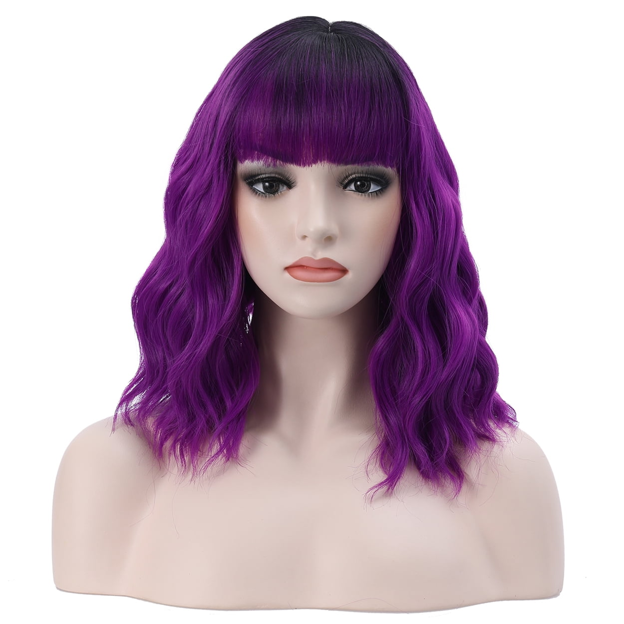 Beron Black Ombre Purple Wigs Short Curly Bob Wig With Bangs Wavy Hair Wigs 14 Inches Women S