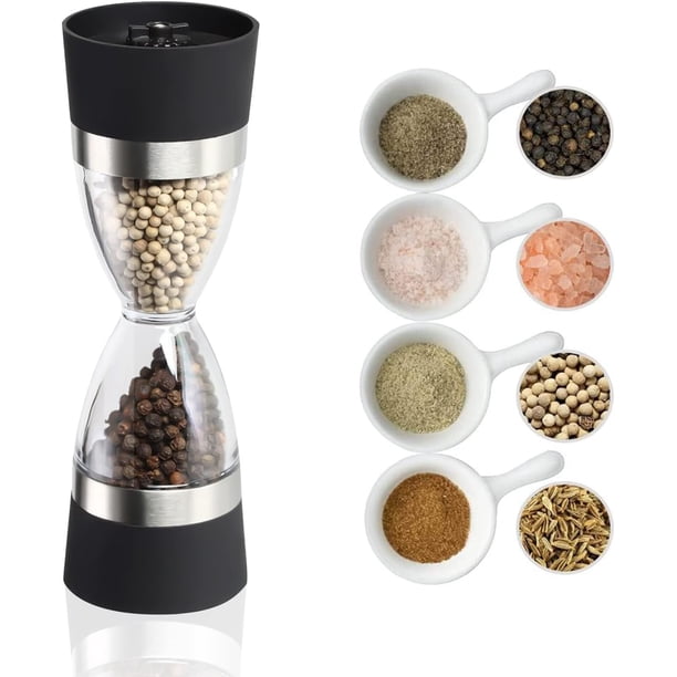 Molinillo de cerámica manual para uso en la cocina y la mesa, molinillo de pimienta de diseño saludable con almacenamiento de doble sabor con finura ajustable, cuerpo de acrílico transparente fácil