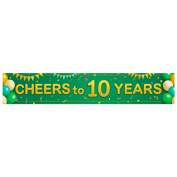 Green Banner with Glittery Cheers to 10 Years Text Balloons and Bunting Decors Party Backdrop Background for Anniversary Celebrations Milestone Parties Photography Props Party Decorations