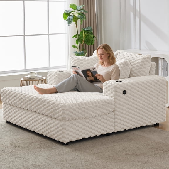 60 Inch Oversized Upholstered Chaise Lounge, Modern Sleeper Sofa Bed with Armrests and Throw Pillows for Living Room Bedroom