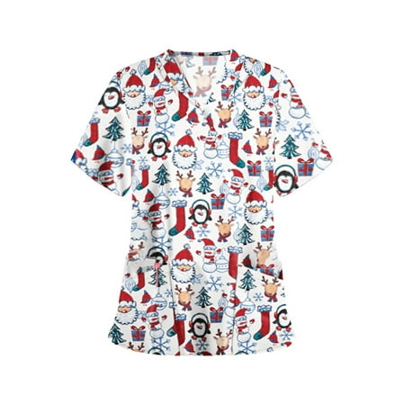 

Colofity Women Scrub Tops Mock Wrap Top Holiday Christmas Print Neck Shirt