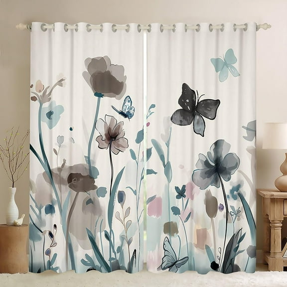 Vintage Floral Curtains for Bedroom Living Room Kids Butterfly Blackout Curtains Retro Flowers Thermal Insulated Drapes Darkening Drapes Natural Theme Window Treatments-42"W x 84"L (Pack of 2)