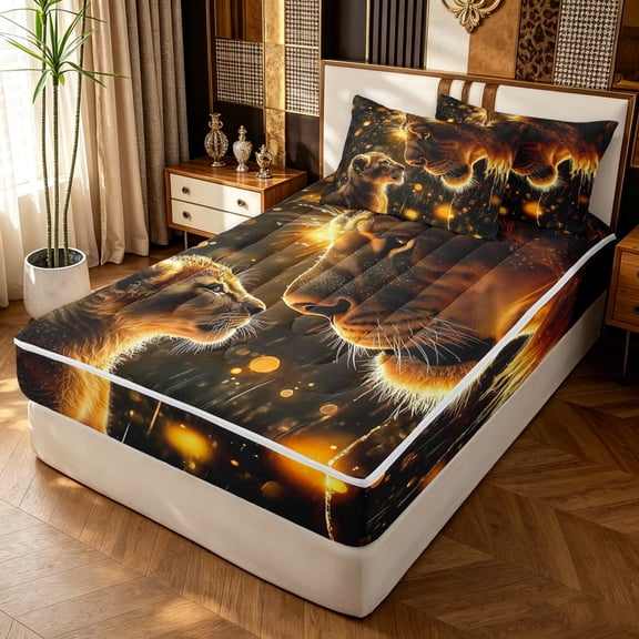 Manfei Jungle Animals Zipper Twin Comforter Sets with Fitted Sheet and 2 Pillowcases, Kawaii Lion Family Zipper Bedding Set, Dark Brown, Black Reversible, 4 Pieces