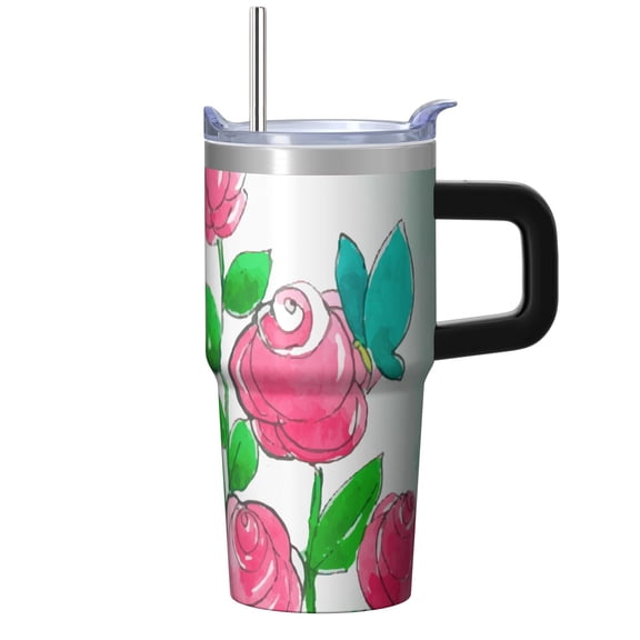 Butterfly 20oz Stainless Steel Tumbler with Handle and Straw – Insulated Travel Cup with Sliding Lid, 360° Full Wrap Printed Mug for Home, Outdoor & Sports Use, Spring