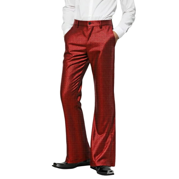 FINALGANG Mens Solid Color Shiny Flared Dress Pants Mid Waisted Button Closure Textured Formal Trousers For Business Wear Special Occasions Trendy Bottoms