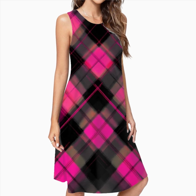 Pink And Black Plaid Pattern Spring Summer Dresses For Women Fashion Dress  Casual Sleeveless Loose Sundress With Pockets - Walmart.com
