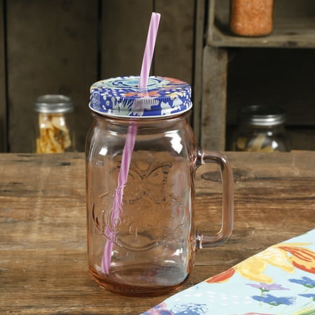 Pioneer Woman Drinking Mason Jars Rosewater Glass 4 Lids and Straws 16oz