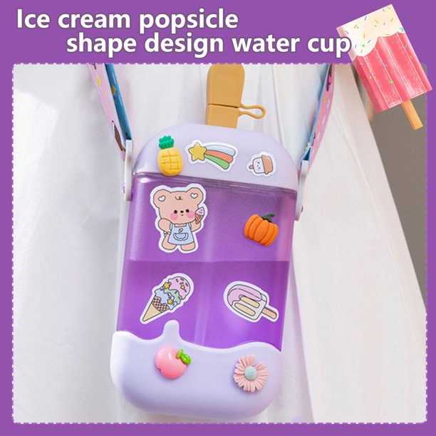 Botella de bebida con forma de helado de taza de agua con pajita de dibujos animados de 400 ml a prueba de fugas (púrpura)